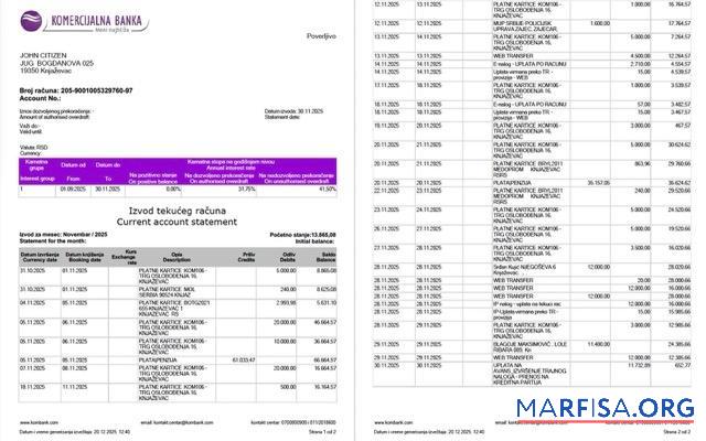 Printable Serbia Komercijalna Banka account statement word 2 pages real example